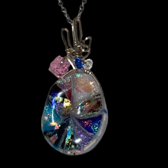 Jewelry - Handmade Iridescent Glass Pendant Necklace in Multicolor with a 16” SS chain